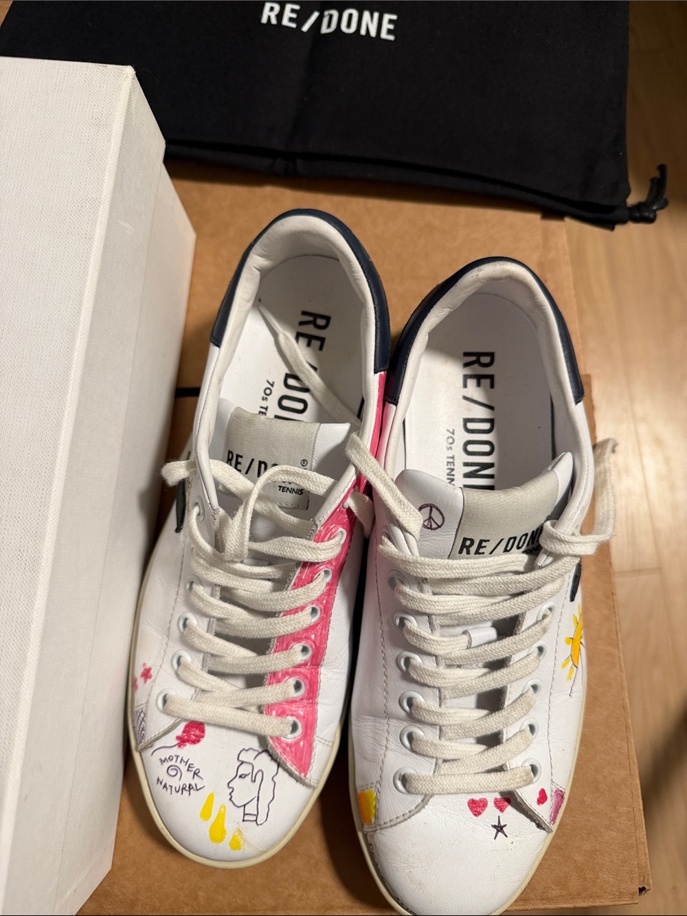 Re/Done White Sneakers with Pink & Navy Accents and Multicolor Graphics